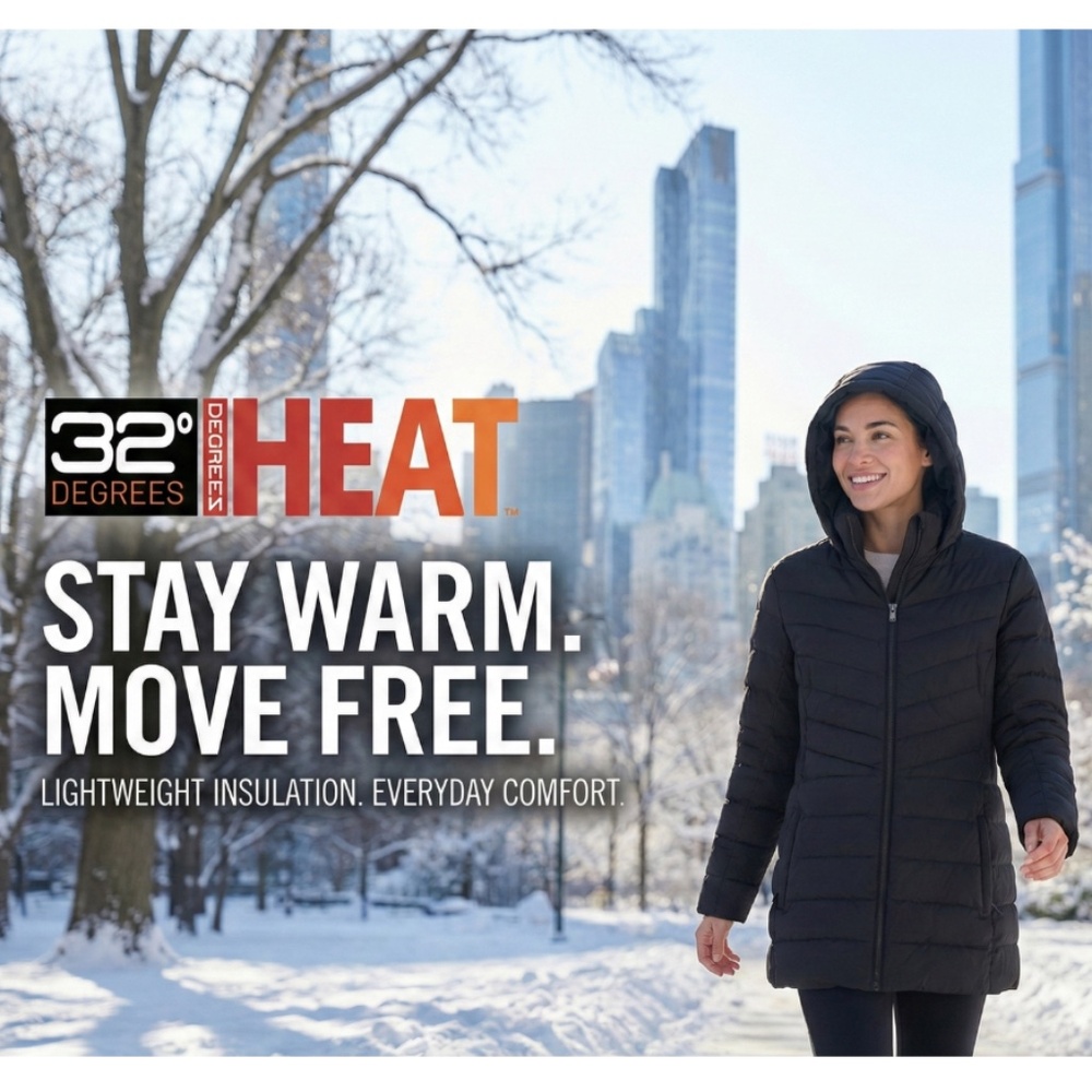 32 Degrees Heat Hooded Puffer Jacket Stretch Water Resistant Black XXL
